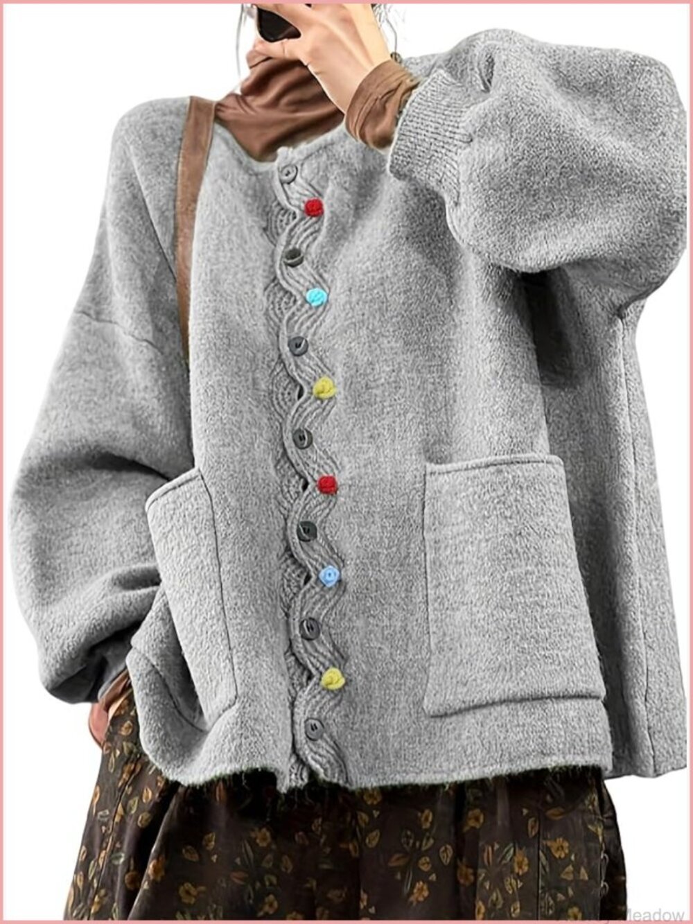 Loose Oversized Knit Cardigan with Pockets Puff Sleeve Button Front